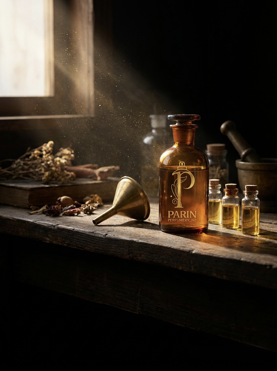 Parin Perfumery apothecary bottle with brass funnel and oils in golden light